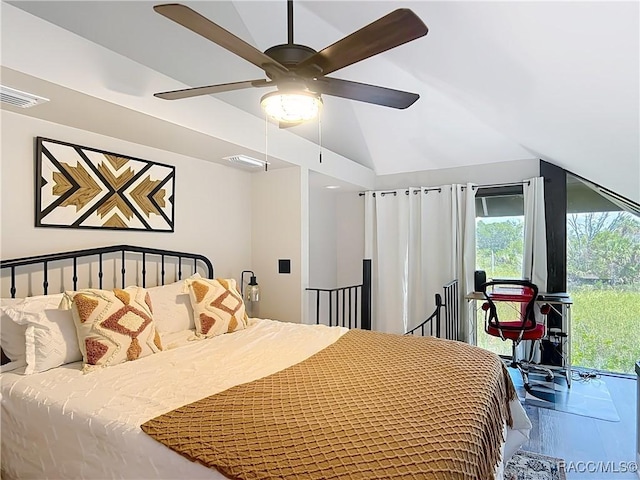 bedroom featuring a ceiling fan, visible vents, lofted ceiling, and marble finish floor