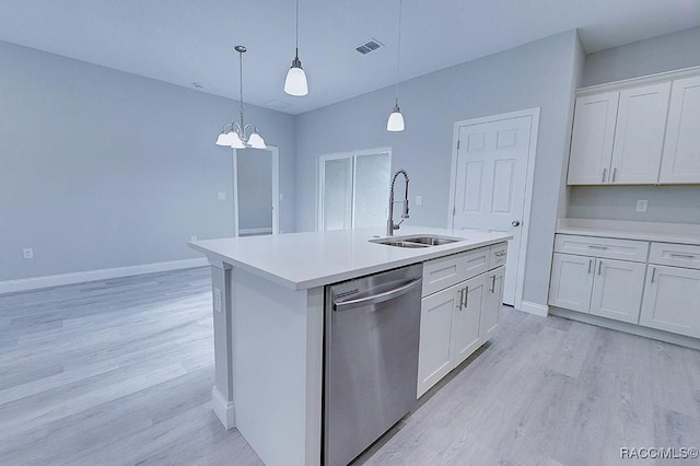 kitchen featuring a center island with sink, dishwasher, white cabinetry, and sink