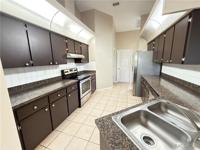 kitchen with stainless steel appliances, dark brown cabinets, sink, and light tile patterned floors