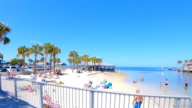 view of water feature with a beach view