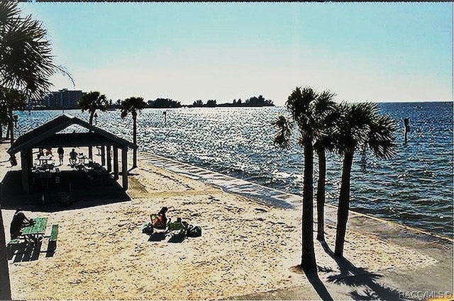 dock area with a gazebo and a water view