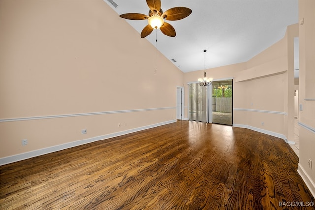 interior space featuring hardwood / wood-style floors, ceiling fan with notable chandelier, and high vaulted ceiling