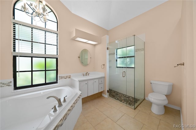 full bathroom with vanity, tile patterned flooring, toilet, shower with separate bathtub, and a chandelier