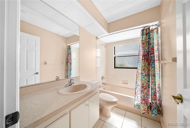 full bathroom with toilet, shower / bath combination with curtain, vanity, and tile patterned floors