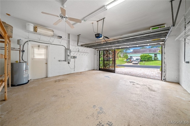 garage with electric panel, ceiling fan, water heater, and a garage door opener