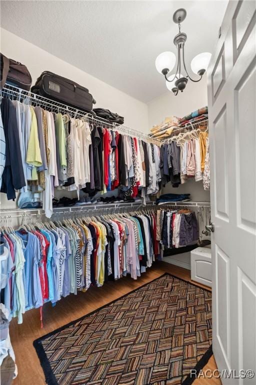 walk in closet with dark hardwood / wood-style flooring and a chandelier