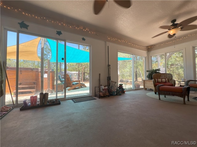 interior space featuring a textured ceiling, ceiling fan, and carpet