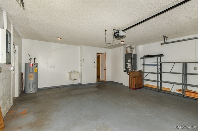 garage with electric panel, electric water heater, and a garage door opener