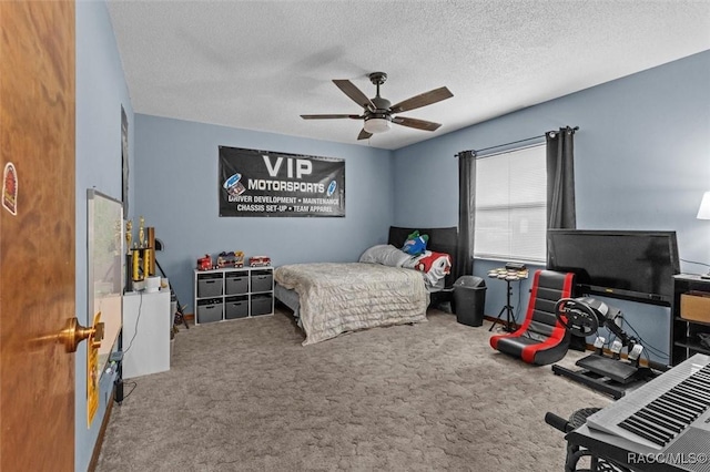 bedroom with carpet flooring, ceiling fan, and a textured ceiling