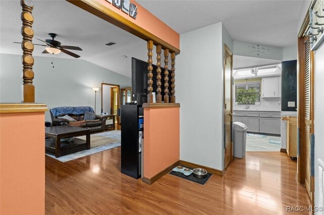 interior space featuring lofted ceiling, light wood-type flooring, and a sink