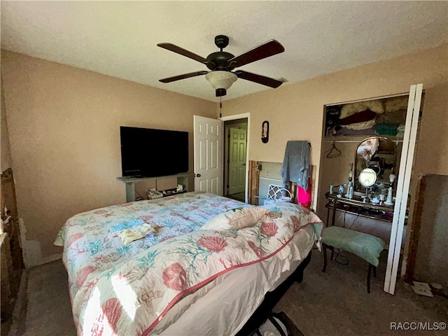 bedroom with ceiling fan and carpet