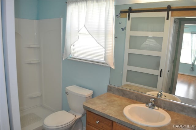 bathroom featuring a shower, vanity, and toilet