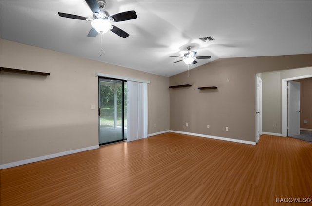 unfurnished room featuring light hardwood / wood-style floors, ceiling fan, and lofted ceiling