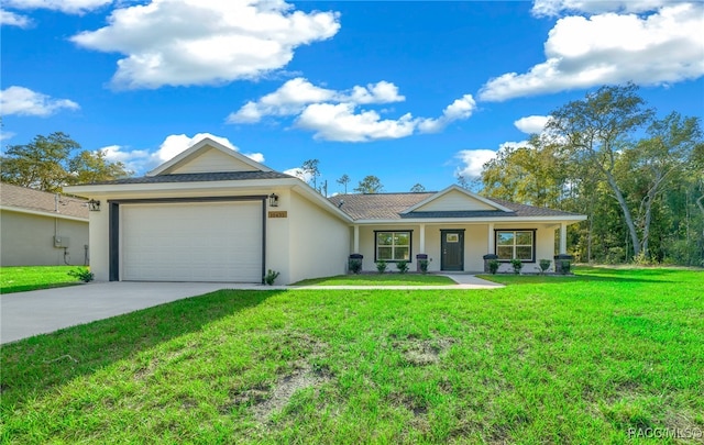 ranch-style home with a garage and a front yard