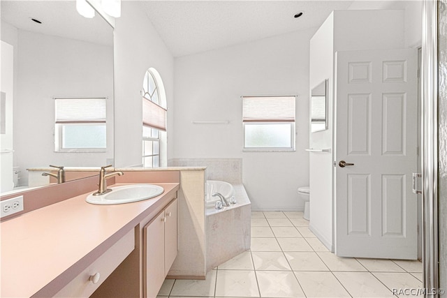 bathroom featuring tile patterned flooring, a relaxing tiled tub, vaulted ceiling, and toilet