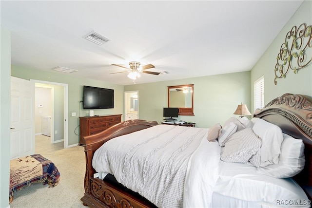 bedroom with light colored carpet, baseboards, ceiling fan, and visible vents