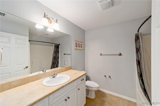 full bathroom with toilet, baseboards, visible vents, tile patterned flooring, and vanity
