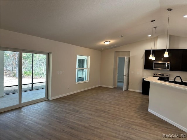 kitchen featuring pendant lighting, lofted ceiling, appliances with stainless steel finishes, and dark hardwood / wood-style floors