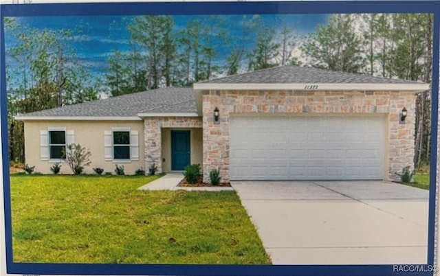 ranch-style home with a garage and a front lawn