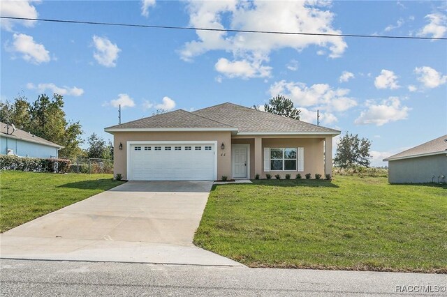 44 W Lynnhaven Pl, Citrus Springs, FL 34434 - view of front of home with stucco siding, concrete driveway, a garage, and roof with shingles