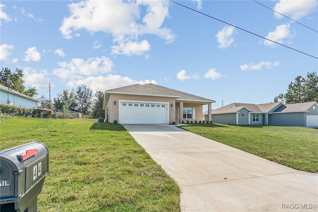 ranch-style home with a garage and a front lawn