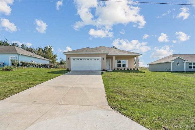 ranch-style house with a garage and a front lawn