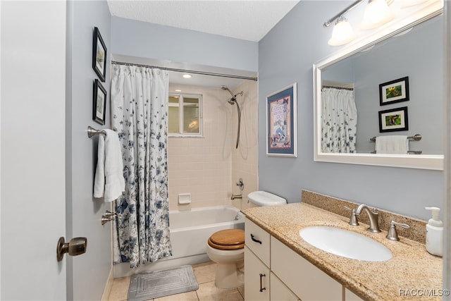 full bathroom featuring tile patterned flooring, a textured ceiling, toilet, vanity, and shower / tub combo