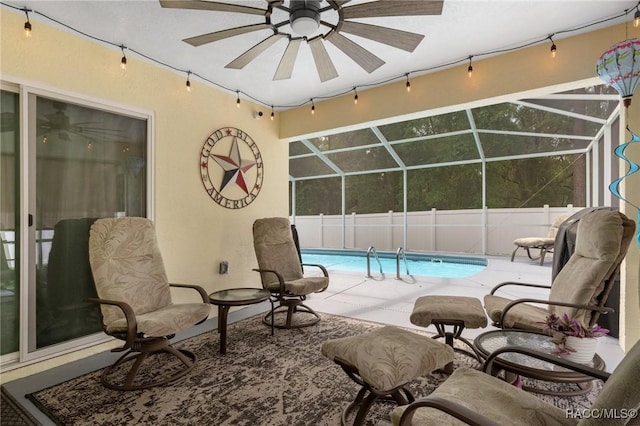 140 W Frisco Ln, Citrus Springs, FL 34434 - view of swimming pool featuring a ceiling fan, a patio, and glass enclosure