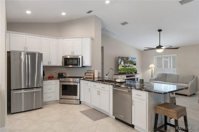 140 W Frisco Ln, Citrus Springs, FL 34434 - kitchen featuring stainless steel appliances, vaulted ceiling, a peninsula, open floor plan, and a ceiling fan