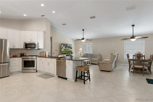 140 W Frisco Ln, Citrus Springs, FL 34434 - kitchen with appliances with stainless steel finishes, a ceiling fan, a peninsula, open floor plan, and vaulted ceiling