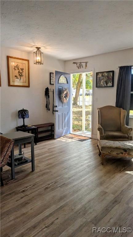 living area featuring hardwood / wood-style flooring and a textured ceiling