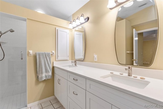 4105 W Tomahawk Dr, Beverly Hills, FL 34465 - bathroom featuring a stall shower, double vanity, and tile patterned flooring