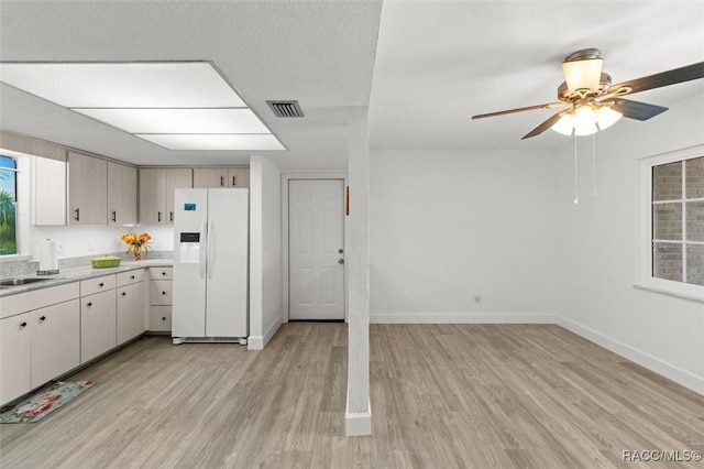 3874 N Timucua Pt, Crystal River, FL 34428 - kitchen with white fridge with ice dispenser, light wood-style flooring, light countertops, and ceiling fan