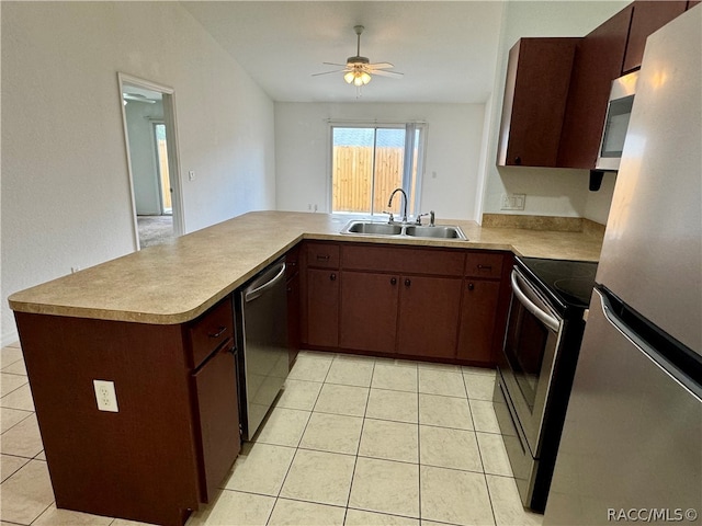 kitchen featuring ceiling fan, sink, kitchen peninsula, and stainless steel appliances