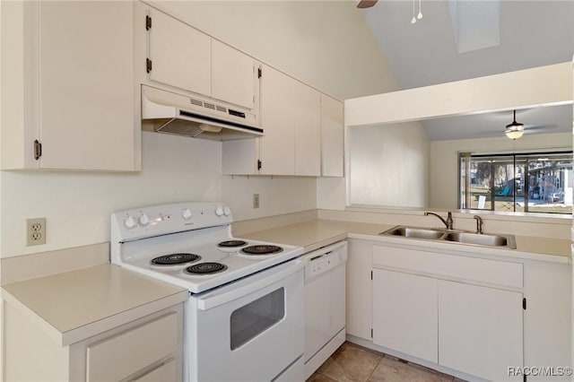 kitchen featuring white cabinets, ceiling fan, white appliances, and sink