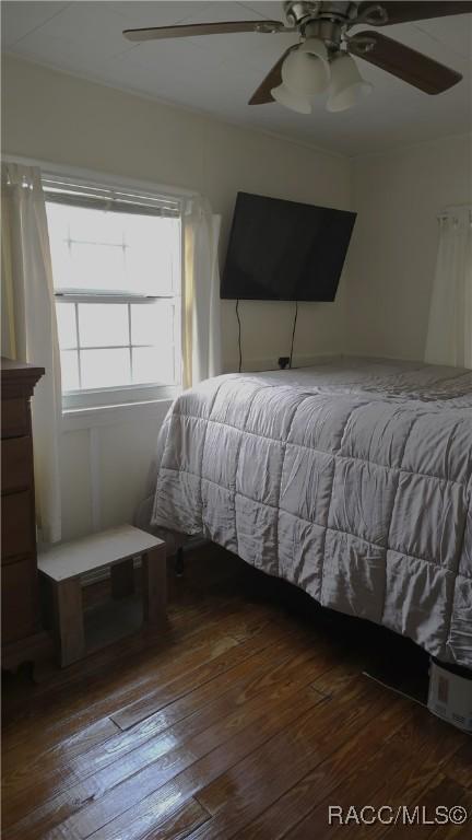 bedroom featuring ceiling fan and wood-type flooring