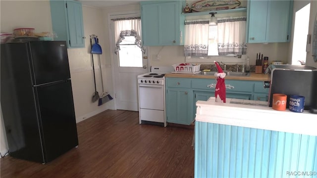 kitchen with white stove, black fridge, a wealth of natural light, and sink