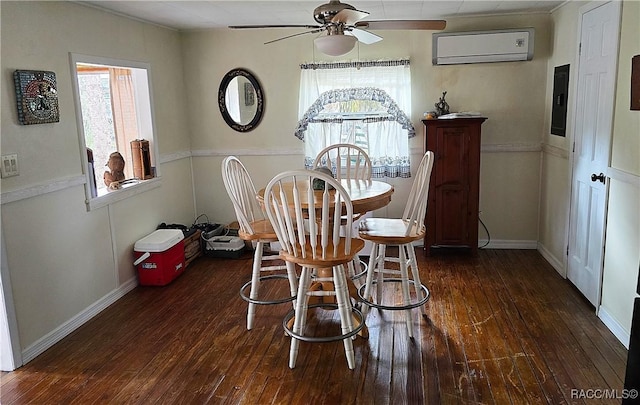 dining room with a wall mounted air conditioner, ceiling fan, and dark hardwood / wood-style flooring