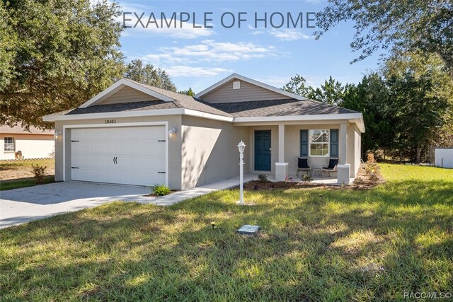 10522 S Drew Bryant Cir, Floral City, FL 34436 - ranch-style home with stucco siding, an attached garage, a front yard, driveway, and a shingled roof