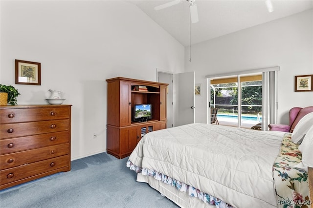 bedroom featuring ceiling fan, access to outside, light carpet, and high vaulted ceiling