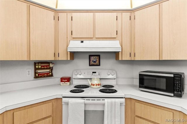 kitchen featuring custom exhaust hood, white electric range oven, and light brown cabinets