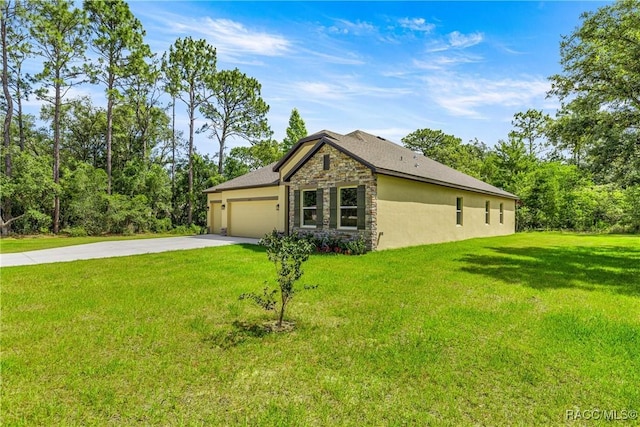 5235 N Sonora Ter, Beverly Hills, FL 34465 - view of property exterior featuring stone siding, driveway, a garage, a yard, and stucco siding