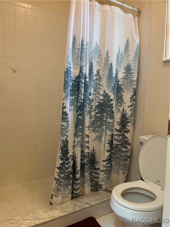 bathroom with tile patterned floors, toilet, and walk in shower