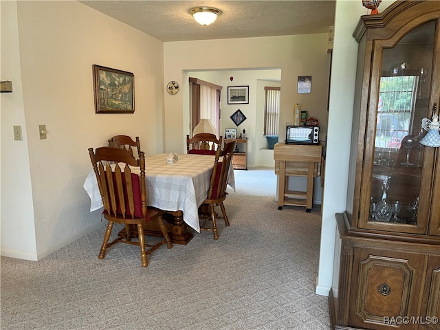 carpeted dining space featuring a textured ceiling