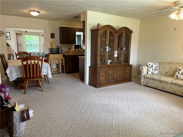 carpeted living room featuring ceiling fan and a textured ceiling