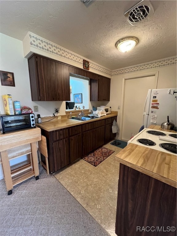 kitchen featuring dark brown cabinetry, sink, a textured ceiling, white appliances, and light carpet