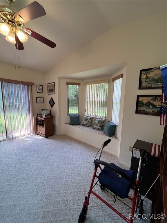 exercise area with carpet flooring, ceiling fan, and vaulted ceiling