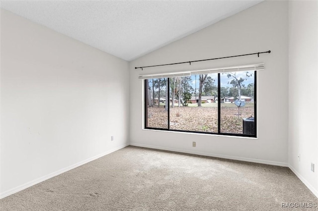 carpeted empty room with vaulted ceiling and a textured ceiling