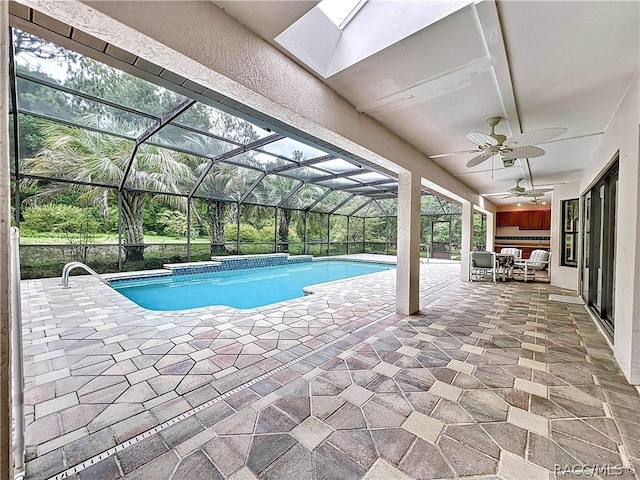 view of pool featuring an outdoor hangout area, a patio, ceiling fan, and a lanai