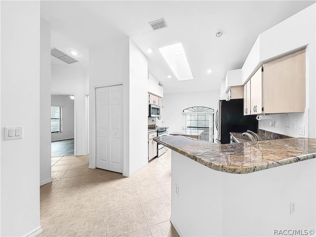 kitchen featuring kitchen peninsula, dark stone counters, stainless steel appliances, and a healthy amount of sunlight